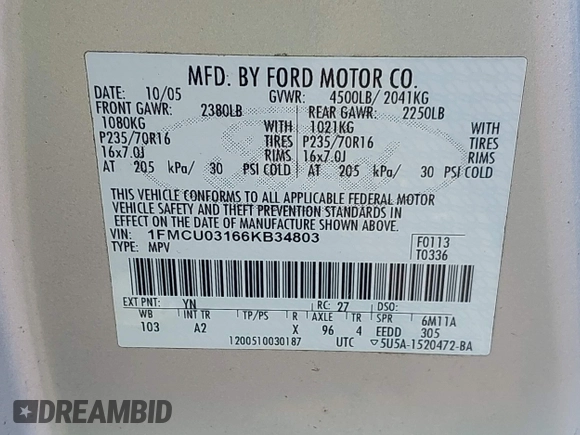 2006 Ford Escape XLT with VIN 1FMCU03166KB34803, listed as a IAAI auction lot 42425651 with 178,008 mi miles and . Bid and sale history available at DreamBid. Image 9.
