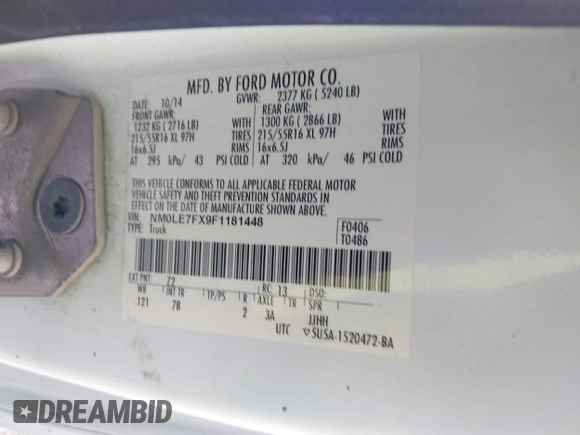 2015 Ford Transit Connect with VIN NM0LE7FX9F1181448, listed as a IAAI auction lot 42546908 with 136,922 mi miles and . Bid and sale history available at DreamBid. Image 9.