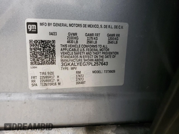 2023 GMC Terrain AT4 with VIN 3GKALYEG7PL257643, listed as a Copart auction lot 49889525 with Not provided miles and Salvage title. Bid and sale history available at DreamBid. Image 13.