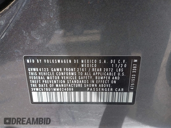 2021 Volkswagen Jetta S z VIN 3VWC57BU1MM024086, wystawiony jako IAAI lot #42009047 z przebiegiem 48 280 mil mil oraz . Historia ofert i sprzedaży dostępna na DreamBid. Obrazek 9.