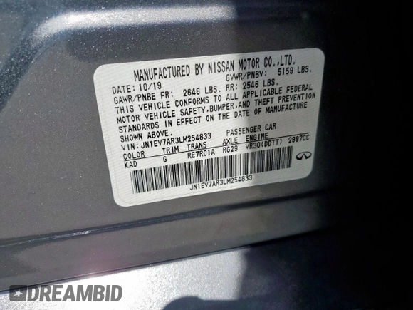 2020 Infiniti Q50 Luxe with VIN JN1EV7AR3LM254833, listed as a Copart auction lot 56284785 with 30,591 mi miles and Salvage title. Bid and sale history available at DreamBid. Image 12.