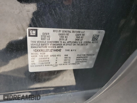 2018 GMC Acadia SLE with VIN 1GKKNLLS7JZ144042, listed as a Copart auction lot 57464704 with 123,204 mi miles and Salvage Title. Bid and sale history available at DreamBid. Image 13.