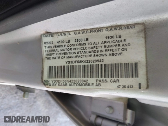 2002 Saab 9-3 z VIN YS3DF58K422029942, wystawiony jako IAAI lot #41827226 z przebiegiem 180 181 mil mil oraz . Historia ofert i sprzedaży dostępna na DreamBid. Obrazek 9.