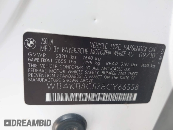 2011 BMW 7 Series 750Li with VIN WBAKB8C57BCY66558, listed as a IAAI auction lot 41494697 with 102,560 mi miles. Bid and sale history available at carsss.com. Image 9.