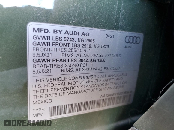 2021 Audi SQ5 Sportback Prestige with VIN WA134AFY1M2091675, listed as a Copart auction lot 80514314 with Not provided miles and Salvage title. Bid and sale history available at DreamBid. Image 13.