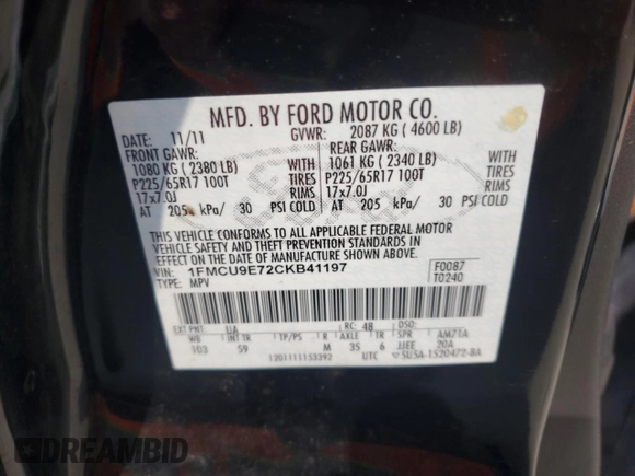 2012 Ford Escape Limited с VIN 1FMCU9E72CKB41197, выставлен на аукционе Copart как лот 60216045 с пробегом 133 306 миль миль и Списание • Salvage title. История ставок и продаж доступна на DreamBid. Изображение 13.