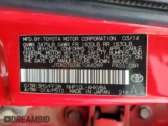 2014 Toyota Prius One with VIN JTDKDTB34E1068289, listed as a Copart auction lot 53490505 with 149,682 mi miles and Clean Title. Bid and sale history available at DreamBid. Image 13.