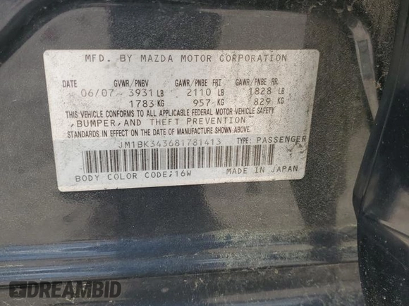 2008 Mazda Mazda3 s Sport with VIN JM1BK343681781413, listed as a Copart auction lot 55316775 with Not Provided miles and Clean Title. Bid and sale history available at carsss.com. Image 12.