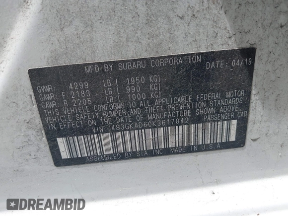 2019 Subaru Impreza Premium z VIN 4S3GKAD60K3617042, wystawiony jako IAAI lot #42296679 z przebiegiem 55 522 mil mil oraz . Historia ofert i sprzedaży dostępna na DreamBid. Obrazek 9.
