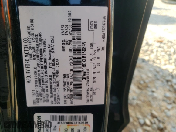 2020 Ford Fusion SE with VIN 3FA6P0HDXLR150849, listed as a Copart auction lot 47095655 with 84,206 mi miles and Salvage Title. Bid and sale history available at DreamBid. Image 12.