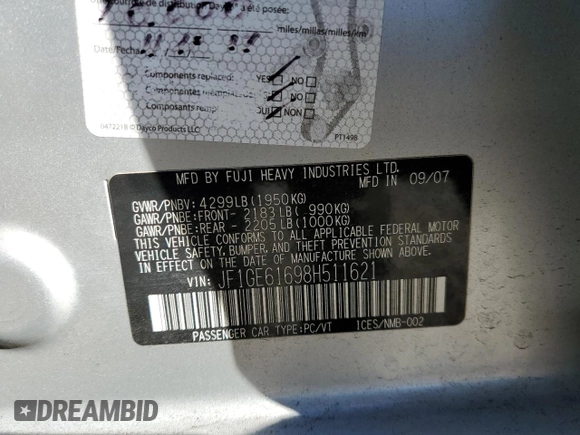 2008 Subaru Impreza Sedan (Natl) i with VIN JF1GE61698H511621, listed as a Copart auction lot 76193874 with 132,940 mi miles and Salvage Title. Bid and sale history available at carsss.com. Image 12.
