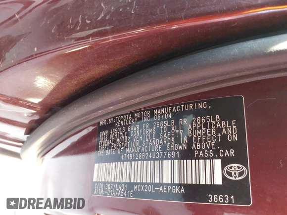 2004 Toyota Avalon XL with VIN 4T1BF28B24U377691, listed as a IAAI auction lot 42250312 with Not Provided miles and . Bid and sale history available at DreamBid. Image 9.