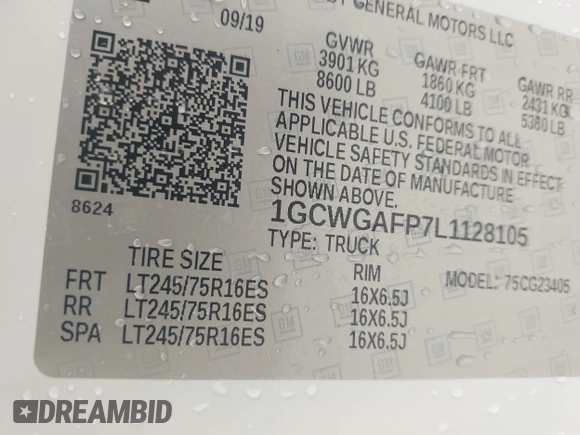 2020 Chevrolet Express Cargo with VIN 1GCWGAFP7L1128105, listed as a IAAI auction lot 42186923 with 183,036 mi miles and . Bid and sale history available at DreamBid. Image 9.