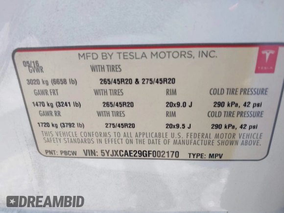 2016 Tesla Model X 70D z VIN 5YJXCAE29GF002170, wystawiony jako IAAI lot #42334842 z przebiegiem 119 104 mil mil oraz . Historia ofert i sprzedaży dostępna na DreamBid. Obrazek 9.