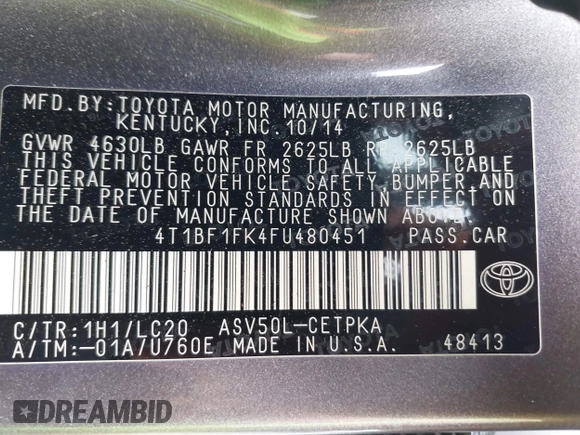 2015 Toyota Camry XLE with VIN 4T1BF1FK4FU480451, listed as a IAAI auction lot 42191825 with 208,406 mi miles and . Bid and sale history available at DreamBid. Image 9.