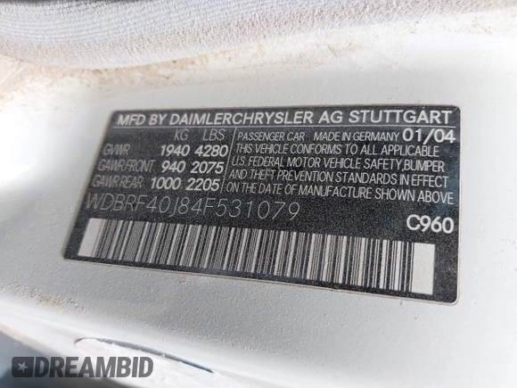 2004 Mercedes-Benz C 230 Kompressor with VIN WDBRF40J84F531079, listed as a IAAI auction lot 42622697 with Not provided miles and . Bid and sale history available at DreamBid. Image 9.
