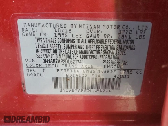 2013 Nissan Sentra FE+ S with VIN 3N1AB7AP2DL621741, listed as a Copart auction lot 65613744 with Not Provided miles and Salvage Title. Bid and sale history available at DreamBid. Image 12.
