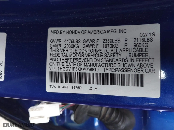2019 Honda Accord Sedan Sport 1.5T with VIN 1HGCV1F3XKA059819, listed as a IAAI auction lot 41796021 with 135,767 mi miles. Bid and sale history available at carsss.com. Image 9.
