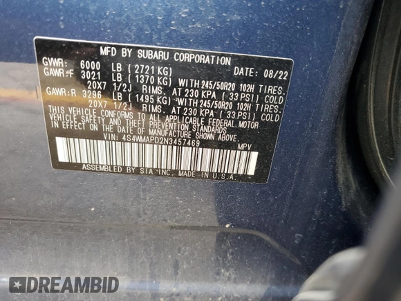 2022 Subaru Ascent Limited with VIN 4S4WMAPD2N3457469, listed as a Copart auction lot 56703205 with 29,103 mi miles and Salvage title. Bid and sale history available at DreamBid. Image 12.