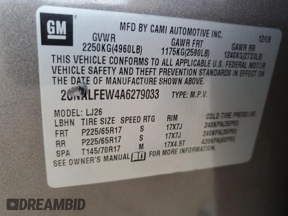 2010 Chevrolet Equinox LTZ z VIN 2CNALFEW4A6279033, wystawiony jako Copart lot #50127665 z przebiegiem Nie podano mil oraz Czysty tytuł • Clean title. Historia ofert i sprzedaży dostępna na DreamBid. Obrazek 15.