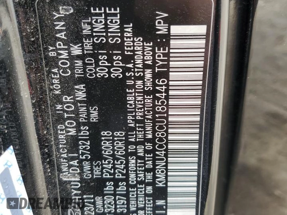 2012 Hyundai Veracruz Limited z VIN KM8NU4CC8CU185446, wystawiony jako Copart lot #54788595 z przebiegiem 149 694 mil mil oraz Szkoda całkowita • Salvage title. Historia ofert i sprzedaży dostępna na DreamBid. Obrazek 14.