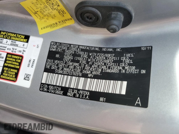 2012 Toyota Sienna LE AAS z VIN 5TDKK3DC7CS192916, wystawiony jako Copart lot #43219255 z przebiegiem 214 612 mil mil oraz Nie do naprawy • Non repairable. Historia ofert i sprzedaży dostępna na DreamBid. Obrazek 15.