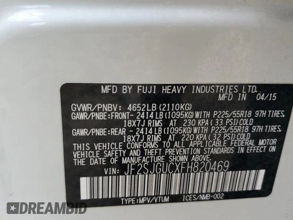 2015 Subaru Forester XT Touring with VIN JF2SJGUCXFH820469, listed as a Copart auction lot 62777665 with 90,389 mi miles and Salvage title. Bid and sale history available at DreamBid. Image 13.