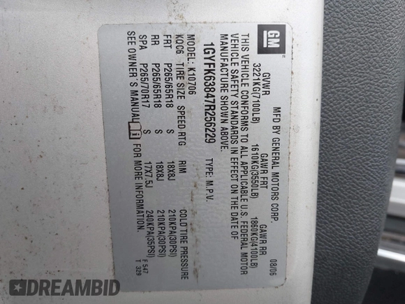 2007 Cadillac Escalade z VIN 1GYFK63847R256229, wystawiony jako IAAI lot #41600996 z przebiegiem 219 189 mil mil oraz . Historia ofert i sprzedaży dostępna na DreamBid. Obrazek 9.