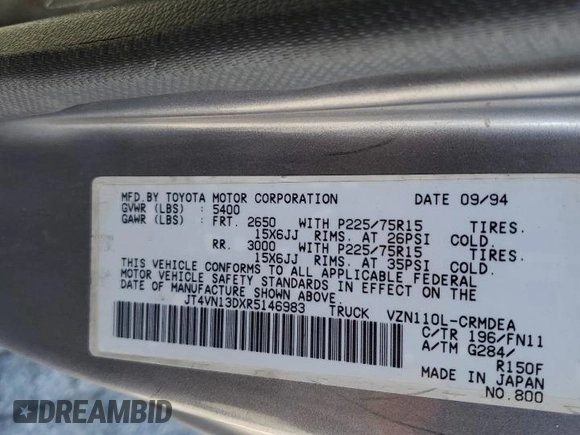 1994 Toyota Pickup DLX с VIN JT4VN13DXR5146983, выставлен на аукционе Copart как лот 47666965 с пробегом 121 614 миль миль и Списание • Salvage title. История ставок и продаж доступна на DreamBid. Изображение 12.