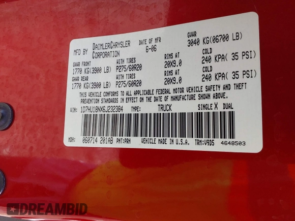 2006 Dodge 1500 ST with VIN 1D7HU18NX6J232384, listed as a IAAI auction lot 41815907 with 175,380 mi miles. Bid and sale history available at carsss.com. Image 9.