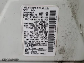 2004 Nissan Murano SL with VIN JN8AZ08W74W325996, listed as a Copart auction lot 52564274 with 0 mi miles and Salvage Title. Bid and sale history available at carsss.com. Image 12.