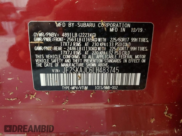2020 Subaru Forester Premium with VIN JF2SKAJC6LH483745, listed as a Copart auction lot 55135545 with 51,015 mi miles and Salvage title. Bid and sale history available at DreamBid. Image 13.