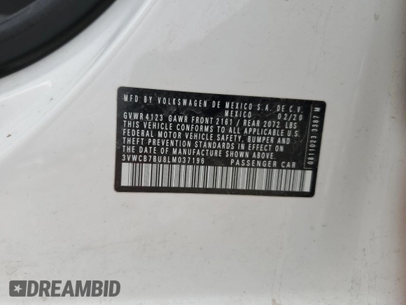 2020 Volkswagen Jetta S with VIN 3VWCB7BU8LM037196, listed as a Copart auction lot 52582885 with 111,286 mi miles and Salvage title. Bid and sale history available at DreamBid. Image 12.