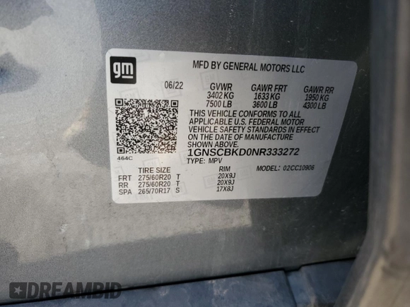2022 Chevrolet Suburban LS with VIN 1GNSCBKD0NR333272, listed as a Copart auction lot 78638664 with 38,354 mi miles and Salvage Title. Bid and sale history available at DreamBid. Image 15.