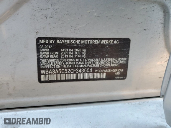 2012 BMW 3 Series 328i with VIN WBA3A5C52CF343504, listed as a Copart auction lot 49109275 with 203,563 mi miles and Clean Title. Bid and sale history available at carsss.com. Image 12.