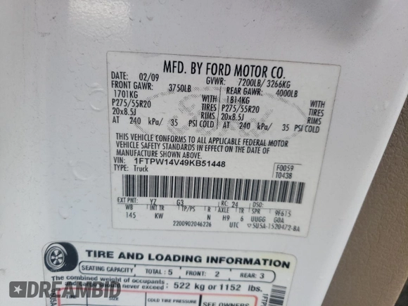 2009 Ford F-150 XL with VIN 1FTPW14V49KB51448, listed as a Copart auction lot 57748555 with 187,260 mi miles and Clean title. Bid and sale history available at DreamBid. Image 12.