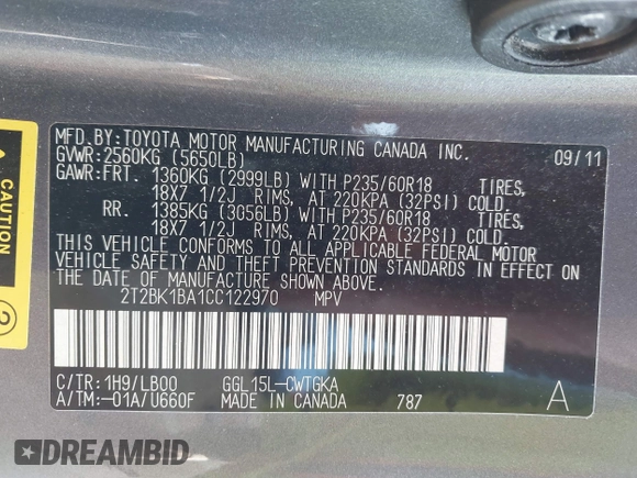 2012 Lexus RX 350 with VIN 2T2BK1BA1CC122970, listed as a IAAI auction lot 42429180 with 209,144 mi miles and . Bid and sale history available at DreamBid. Image 9.