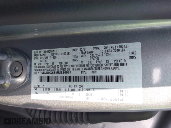 2021 Ford Escape SE with VIN 1FMCU9G68MUB26987, listed as a IAAI auction lot 42476747 with 40,285 mi miles and . Bid and sale history available at DreamBid. Image 9.