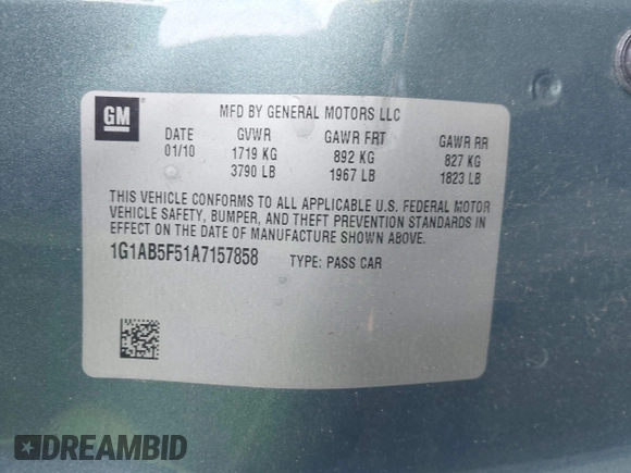 2010 Chevrolet Cobalt LS with VIN 1G1AB5F51A7157858, listed as a IAAI auction lot 41852059 with 138,259 mi miles and . Bid and sale history available at DreamBid. Image 9.