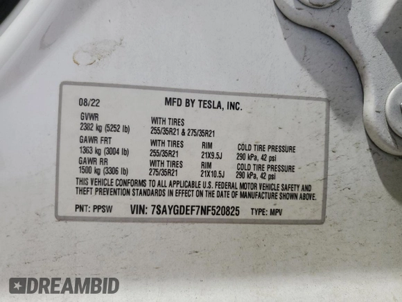 2022 Tesla Model Y Performance with VIN 7SAYGDEF7NF520825, listed as a Copart auction lot 57400245 with 55,437 mi miles and Salvage title. Bid and sale history available at DreamBid. Image 14.