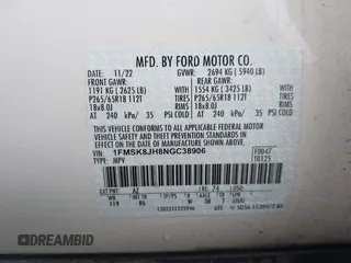 2022 Ford Explorer Timberline z VIN 1FMSK8JH8NGC38906, wystawiony jako IAAI lot #41620210 z przebiegiem 47 945 mil mil oraz . Historia ofert i sprzedaży dostępna na DreamBid. Obrazek 9.