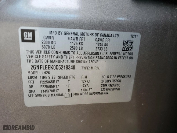 2012 Chevrolet Equinox LT w/1LT with VIN 2GNFLEEK0C6218340, listed as a Copart auction lot 49054545 with 151,681 mi miles and Salvage Title. Bid and sale history available at carsss.com. Image 13.