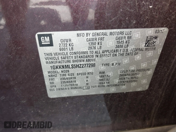 2017 GMC Acadia SLT with VIN 1GKKNMLS5HZ277298, listed as a IAAI auction lot 42271561 with 126,550 mi miles and . Bid and sale history available at DreamBid. Image 9.