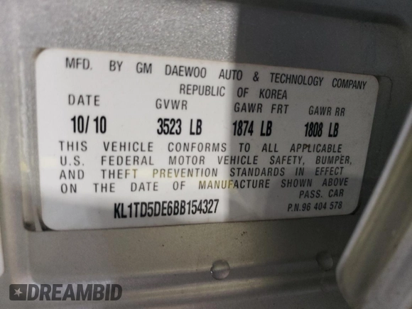 2011 Chevrolet Aveo 1LT z VIN KL1TD5DE6BB154327, wystawiony jako Copart lot #51313085 z przebiegiem 76 402 mil mil oraz Szkoda całkowita • Salvage title. Historia ofert i sprzedaży dostępna na DreamBid. Obrazek 12.
