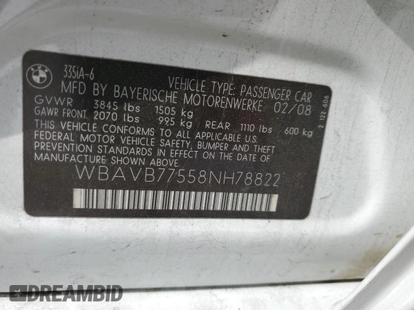 2008 BMW 3 Series 335i с VIN WBAVB77558NH78822, выставлен на аукционе Copart как лот 57730145 с пробегом 180 281 миль миль и Списание • Salvage title. История ставок и продаж доступна на DreamBid. Изображение 12.