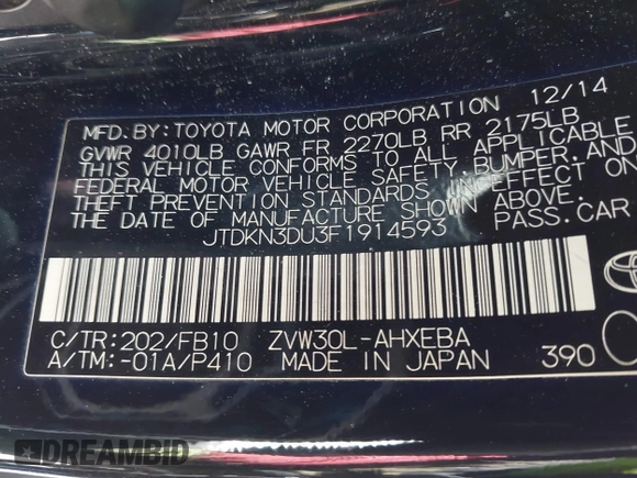 2015 Toyota Prius Four z VIN JTDKN3DU3F1914593, wystawiony jako IAAI lot #42477785 z przebiegiem 127 244 mil mil oraz . Historia ofert i sprzedaży dostępna na DreamBid. Obrazek 9.