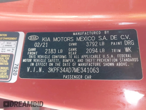 2021 Kia Forte GT-Line z VIN 3KPF34AD7ME341063, wystawiony jako IAAI lot #42389280 z przebiegiem 74 703 mil mil oraz . Historia ofert i sprzedaży dostępna na DreamBid. Obrazek 9.