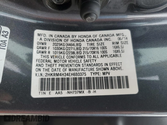 2014 Honda CR-V LX with VIN 2HKRM4H34EH693375, listed as a Copart auction lot 54354155 with 216,365 mi miles and Clean Title. Bid and sale history available at carsss.com. Image 13.