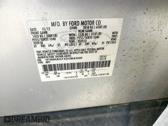 2013 Ford Explorer Sport with VIN 1FM5K8GTXDGB43240, listed as a Copart auction lot 63340195 with 123,318 mi miles and Salvage title. Bid and sale history available at DreamBid. Image 14.