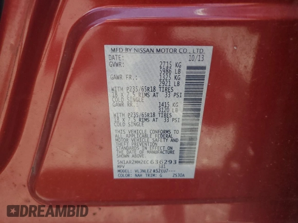 2014 Nissan Pathfinder S with VIN 5N1AR2MM2EC636293, listed as a Copart auction lot 64371175 with 109,857 mi miles and Clean title. Bid and sale history available at DreamBid. Image 13.